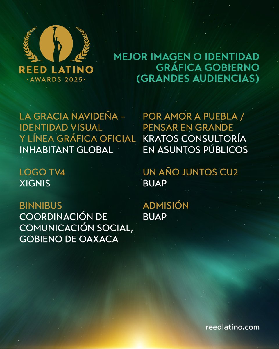 🏆 Nominados a la categoría MEJOR IMAGEN O IDENTIDAD GRÁFICA GOBIERNO (GA):

🌟 <a href="/InhabitantGlob/">Inhabitant Global</a>
🌟 Xignis
🌟 <a href="/GobOax/">Gobierno de Oaxaca</a>
🌟 <a href="/sanchezgalicia1/">Javier Sánchez Galicia</a>
🌟 <a href="/BUAPoficial/">BUAP</a>