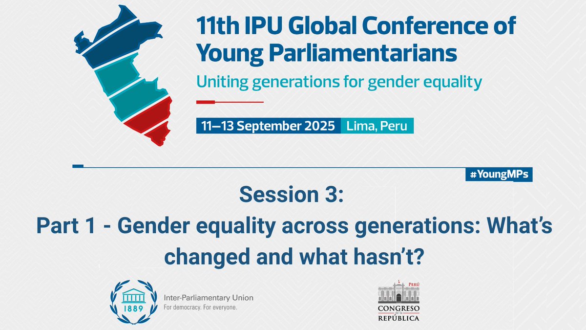IPUparliament's tweet image. What has changed over the decades when it comes to #genderequality? Young and not so young MPs will convene for 1️⃣1️⃣th #IPU Global Conference of #YoungMPs, hosted by @congresoperu🇵🇪 in #Lima 🇵🇪, to exchange views between the generations.
Follow live🎥
➡️ipu.org/11YMPs