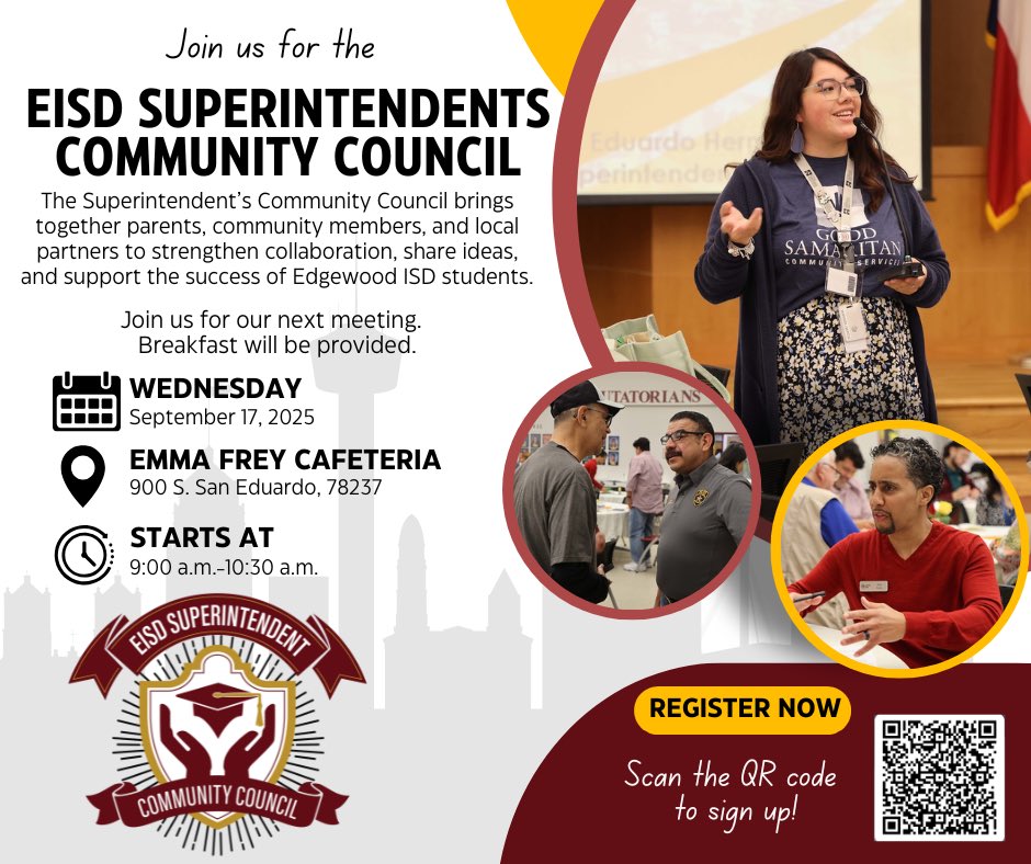 EISDFE's tweet photo. 📣 Location Change! The Superintendent’s Community Council is now at Emma Frey Service Center Cafeteria (900 S. San Eduardo) on Wed, Sept 17. Join us to connect, share ideas &amp; strengthen our schools + community!
✅ RSVP: https://t.co/FkBgdYOSgL
@EISDofSA https://t.co/5RkvczBVWr