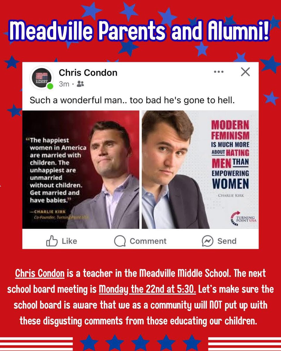 ‼️Attention Crawford County‼️

You have a teacher at Meadville Area Middle School — Chris Condon — who celebrated Charlie Kirk’s assassination.

Share this everywhere &amp; show up peacefully in overwhelming numbers.

This deranged teacher works with your kids.

📍Crawford County, PA