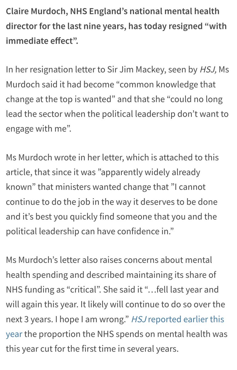 Claire has overseen a period of pretty substantial (unprecedented?) growth in spending on mental health services ... Yet it's miles away from meeting need and demand

The commitment to that growing investment now very clearly at an end