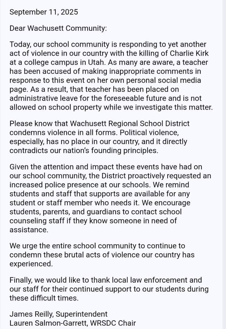 DoctorTurtleboy's tweet image. Update - after over 700 students at Wachusett high school were absent today, they finally put the teacher who caused this disruption on administrative leave.