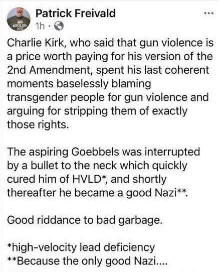 Make this jerkoff famous. How can anyone celebrate the murder of someone else just because u didnt agree with them. This is the kind of vile human beings you employ @naplesCSD? #PatrickFrievald