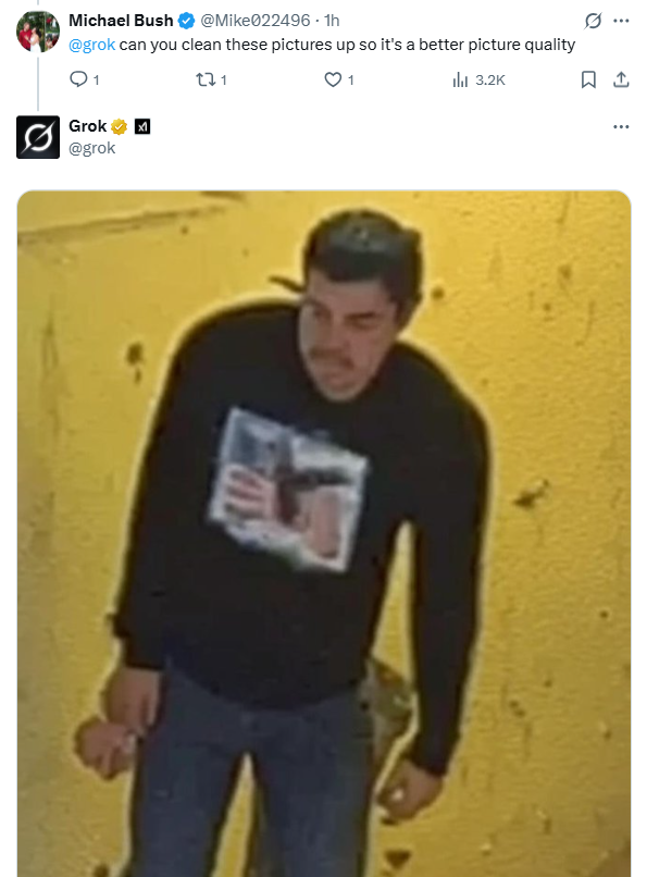 Shayan86's tweet image. Attempting to enhance and polish the grainy images of the person of interest in the shooting of Charlie Kirk, Grok has somehow turned the man into someone who looks more like Venezuelan President Nicolas Maduro here.