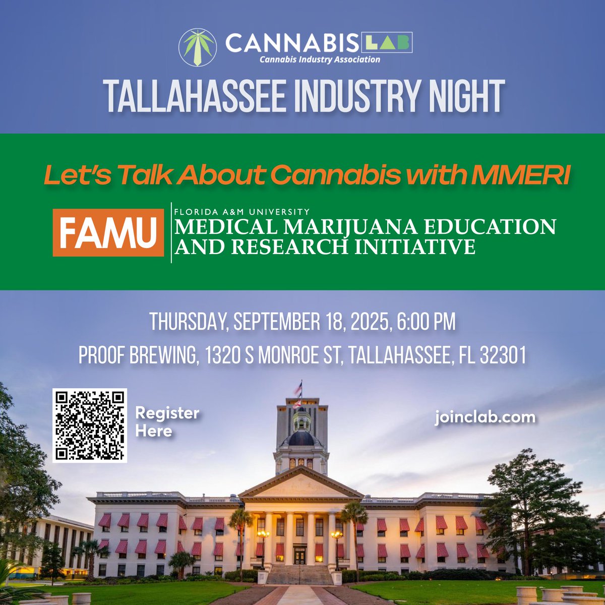 Join us in Tallahassee as we look to grow our Florida chapters and network. Bring a friend or two. eventbrite.com/e/clab-tallaha…

The evening will begin with a casual  discussion highlighting Florida A&amp;M University's Medical Marijuana Education and Research Initiatives.