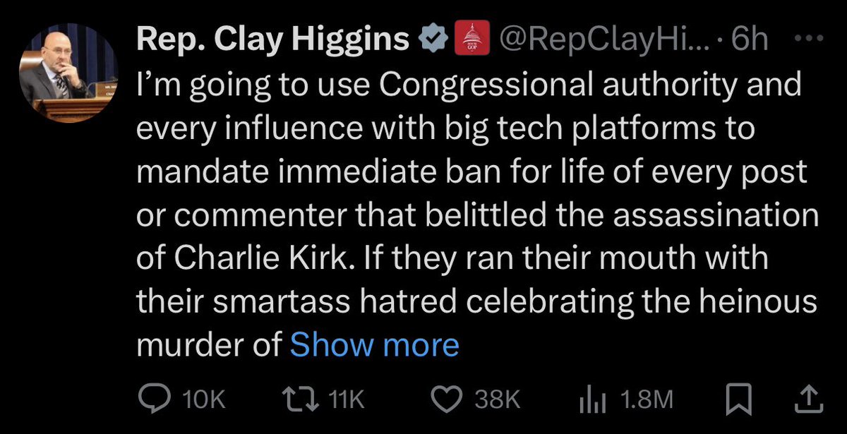 Clay Higgins, who sits on the House Homeland Security Committee, tweeted—then deleted—a post claiming Paul Pelosi’s attacker was a “male nudist hippie prostitute.” 

Free speech for me, permanent suspension for thee.