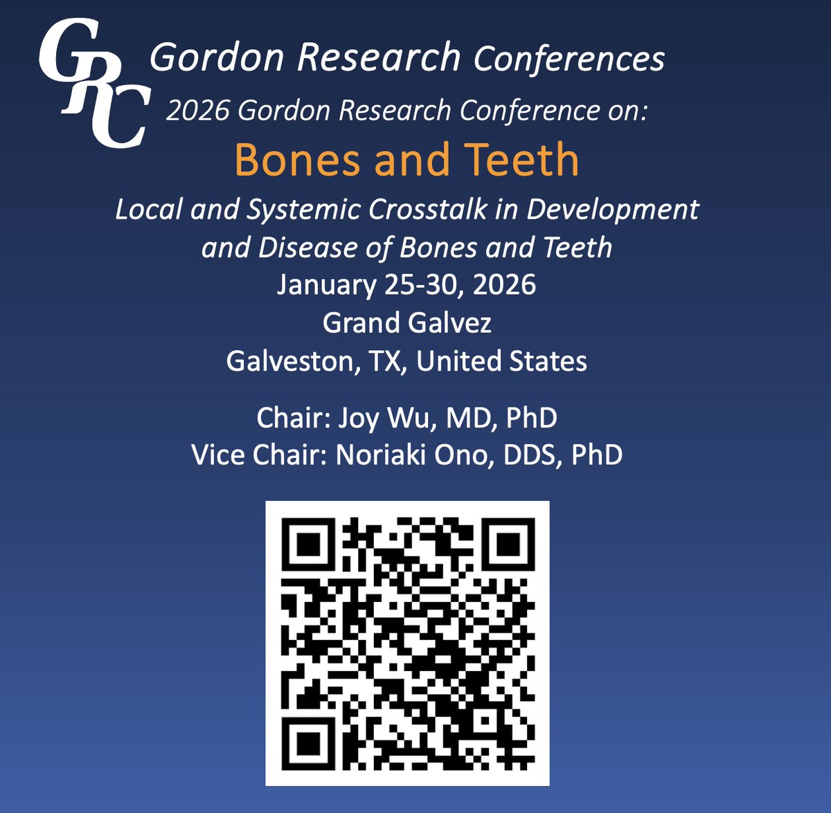 As Vice Chair, I am delighted to invite you to join us for our GRC Bones and Teeth, taking place January 25–30, 2026, at the historic Hotel Galvez in Galveston, TX, a cherished venue. We look forward to welcoming you to what is sure to be an exciting and memorable meeting!