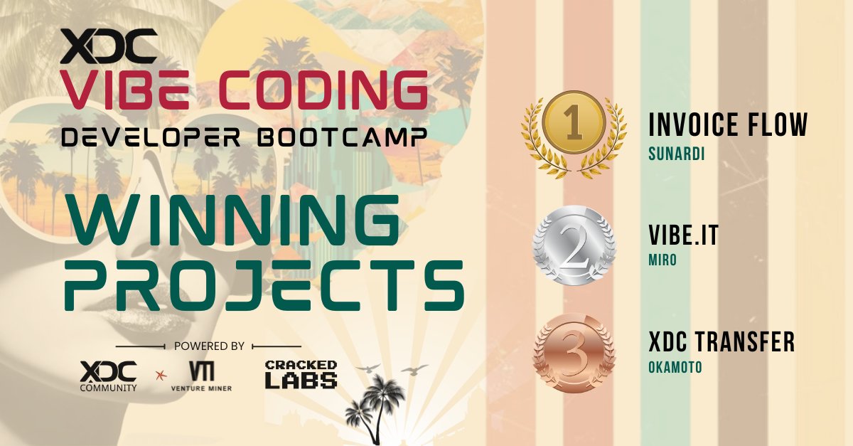 XDC Community (@xdc_community) on Twitter photo 🏖️The XDC Vibe Coding Developer Bootcamp has come to an end. And what a great time!
💰Congratulations to the top projects, make sure to claim your prizes!
Thank you again to all the devs, judges, and <a href="/MatheusPagani77/">Matheus Pagani</a> for vibing with us.
Thank you to <a href="/XDC_Network_/">XDC Network</a> 🏖️The XDC Vibe Coding Developer Bootcamp has come to an end. And what a great time!
💰Congratulations to the top projects, make sure to claim your prizes!
Thank you again to all the devs, judges, and <a href="/MatheusPagani77/">Matheus Pagani</a> for vibing with us.
Thank you to <a href="/XDC_Network_/">XDC Network</a>