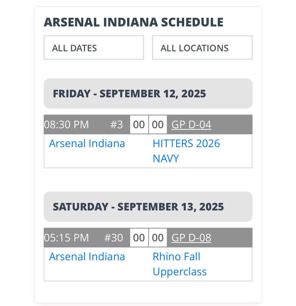 I’m playing in the 2026 grads PBR Grand Park Fall Championships this weekend with Indiana Arsenal 18u.

<a href="/ArsenalUSAIN/">Arsenal Indiana 2026</a> <a href="/PrepBaseballIN/">Prep Baseball Indiana</a>

👇Here is my pool play schedule
tournaments.prepbaseballreport.com/events/grand-p…