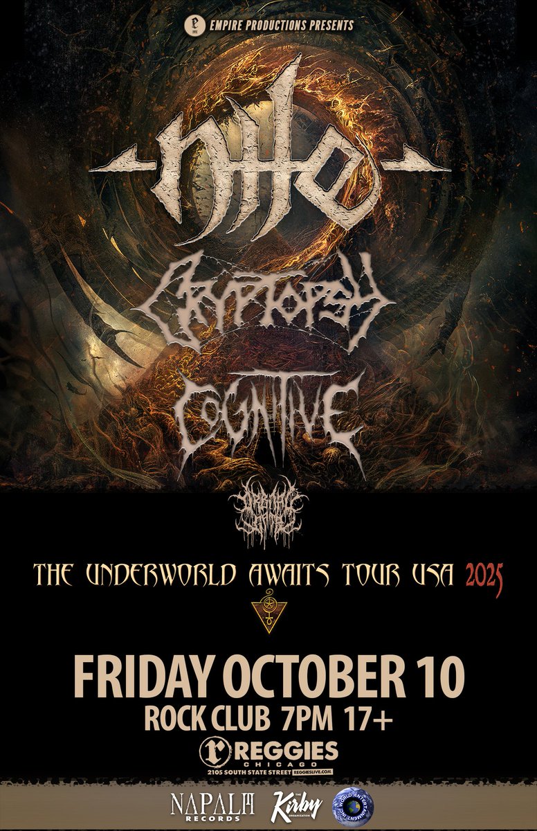 OrbitalGate's tweet photo. WE ARE PLAYING WITH THE LEGENDARY NILE, CRYPTOPSY, AND COGNITIVE ON FRIDAY OCTOBER 10TH AT REGGIES IN CHICAGO. NEED I SAY MORE? https://t.co/MfIAh8Yklc