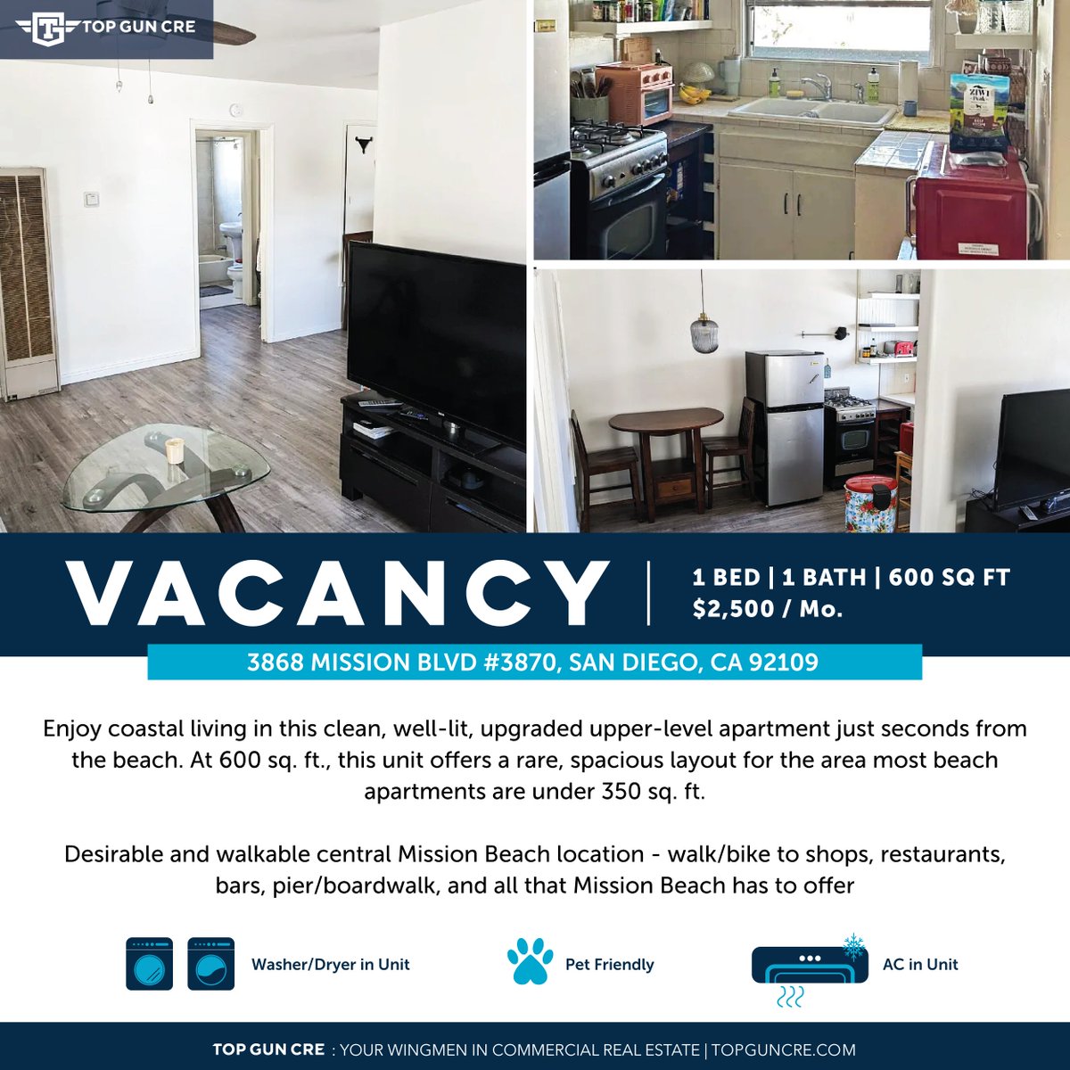 Unit For Rent | 3868 Mission Blvd #3870, San Diego, CA 92109

$2,500/Mo | 1bed 1 bath | 600 sq ft

Enjoy coastal living in this clean, well-lit, upgraded upper-level apartment just seconds from the beach. 

zillow.com/homedetails/38…