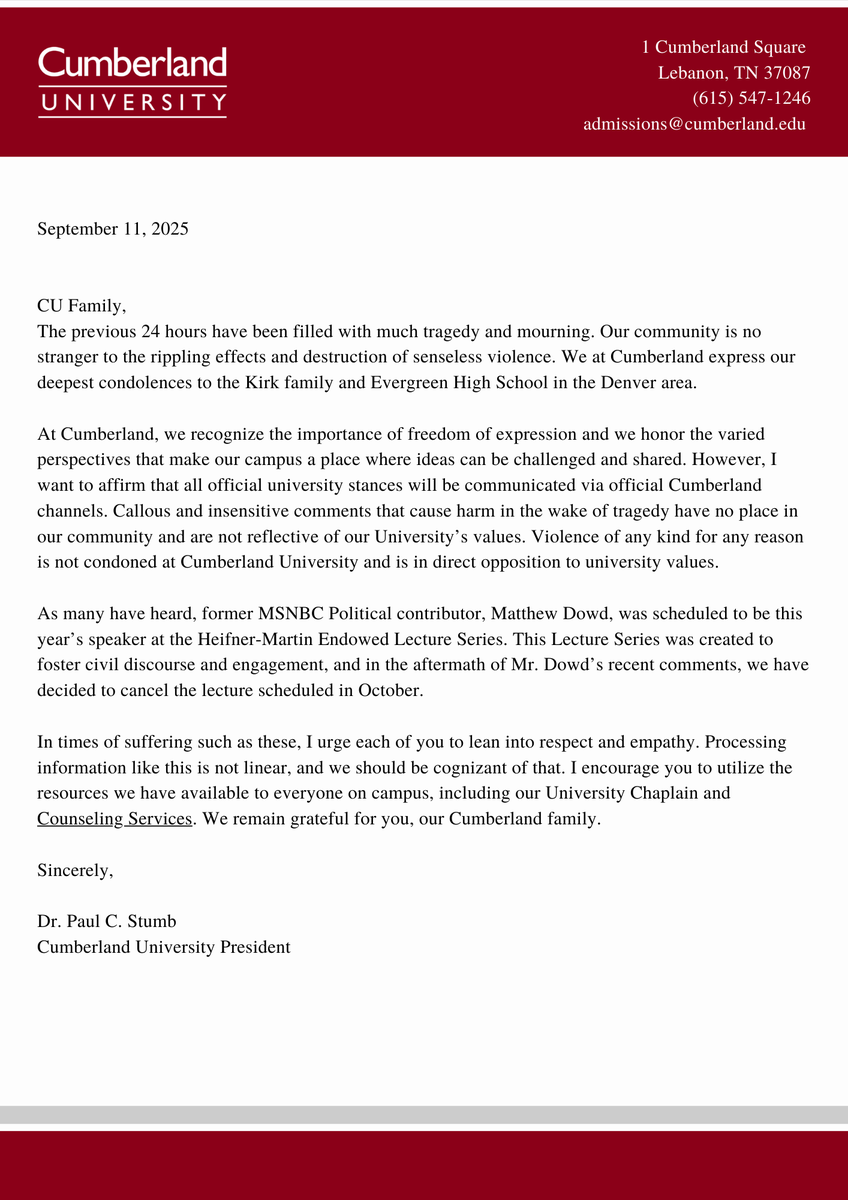 CumberlandU's tweet photo. A message from Cumberland University President, Dr. Paul C. Stumb. https://t.co/PwdevtOSQc