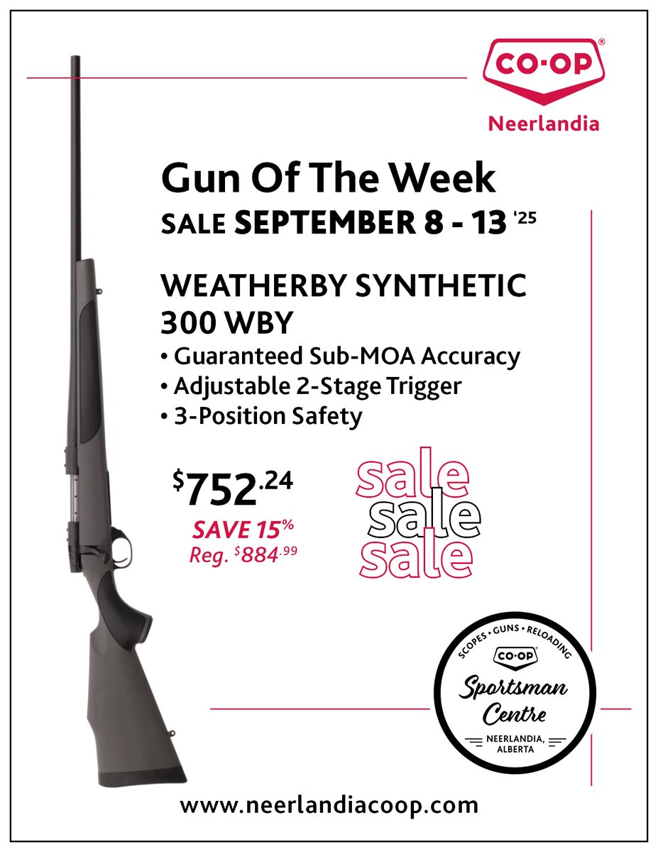 NeerlandiaCoop's tweet image. Feature Gun Of The Week special! 
From SEPT. 8-13, 2025 check out: neerlandiacoop.com/product/weathe… 
WEATHERBY SYNTHETIC 300 WBY 
15% OFF from SEPT. 8-13, 2025
Regular $884.99
SHIPPING AVAILABLE ACROSS CANADA 
#NeerlandiaCoop 
#NeerlandiaCoopSportsmanCentre 
#Weatherby #rifle #gunsforsale