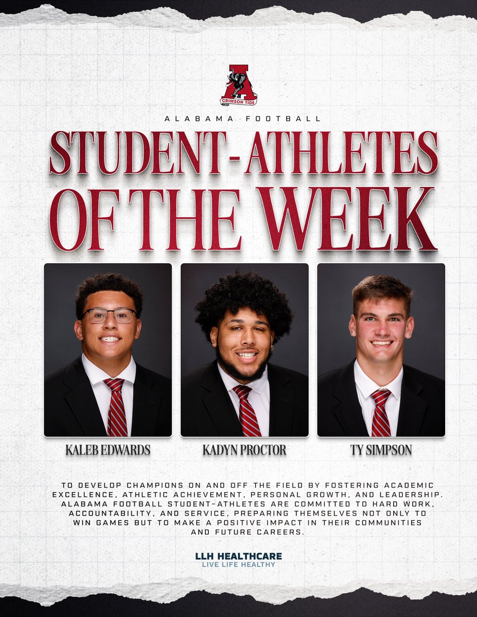 Student-Athletes of the Week! 📚🎓
 
<a href="/kalebredwards/">Kaleb Edwards</a> 
<a href="/KadynProctor1/">Kadyn Proctor</a> 
<a href="/ty_simpson06/">Ty Simpson</a>