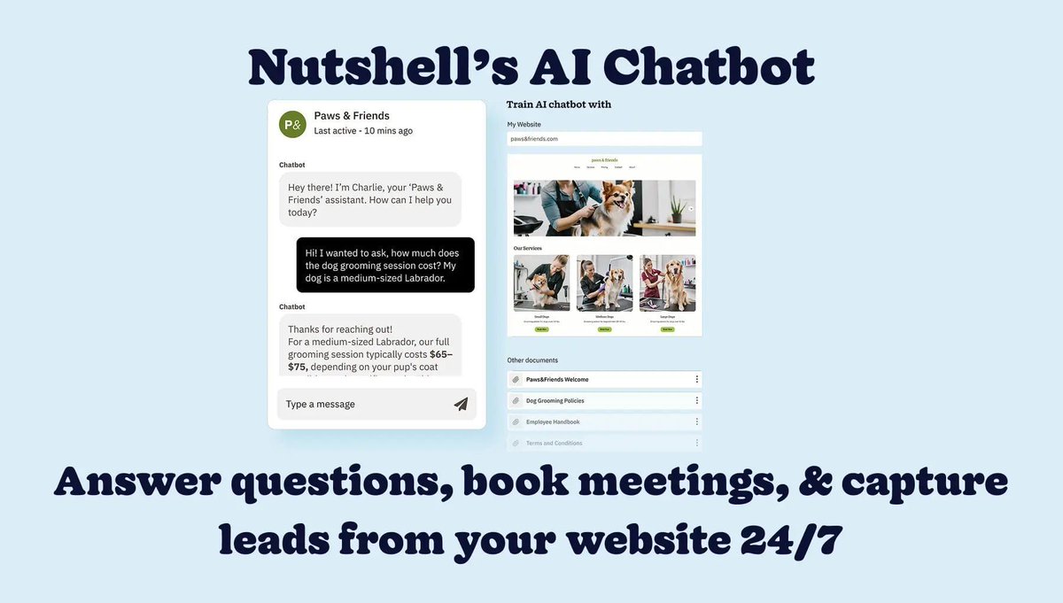 nutshell's tweet image. Sales team swamped with repetitive questions? Our new AI Chatbot automates that. It qualifies visitors, books meetings, and captures lead data from your website 24/7. The result: A bigger pipeline and a more focused, efficient sales team. See how it works: nutshell.com/blog/ai-chatbot