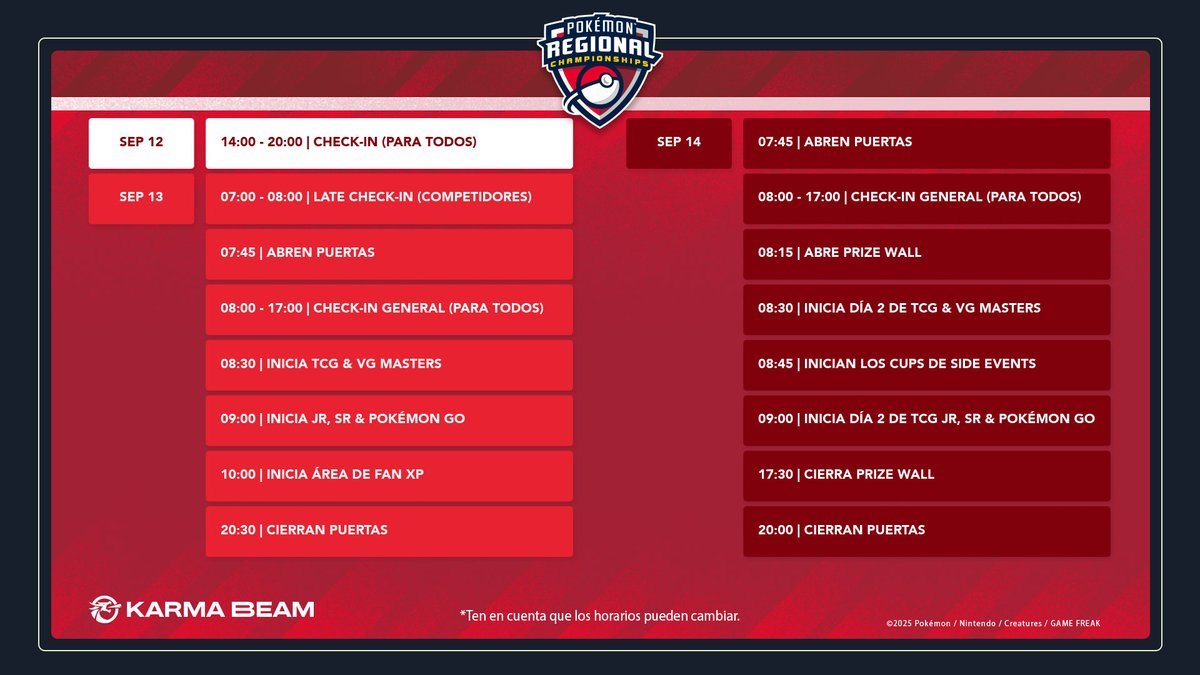 ⚡️ ¡Les compartimos los horarios para el Campeonato Regional de Pokémon en Monterrey! Los esperamos mañana a partir de las 2:00 pm para que hagan su check-in.

#PlayPokemon #Pokemon