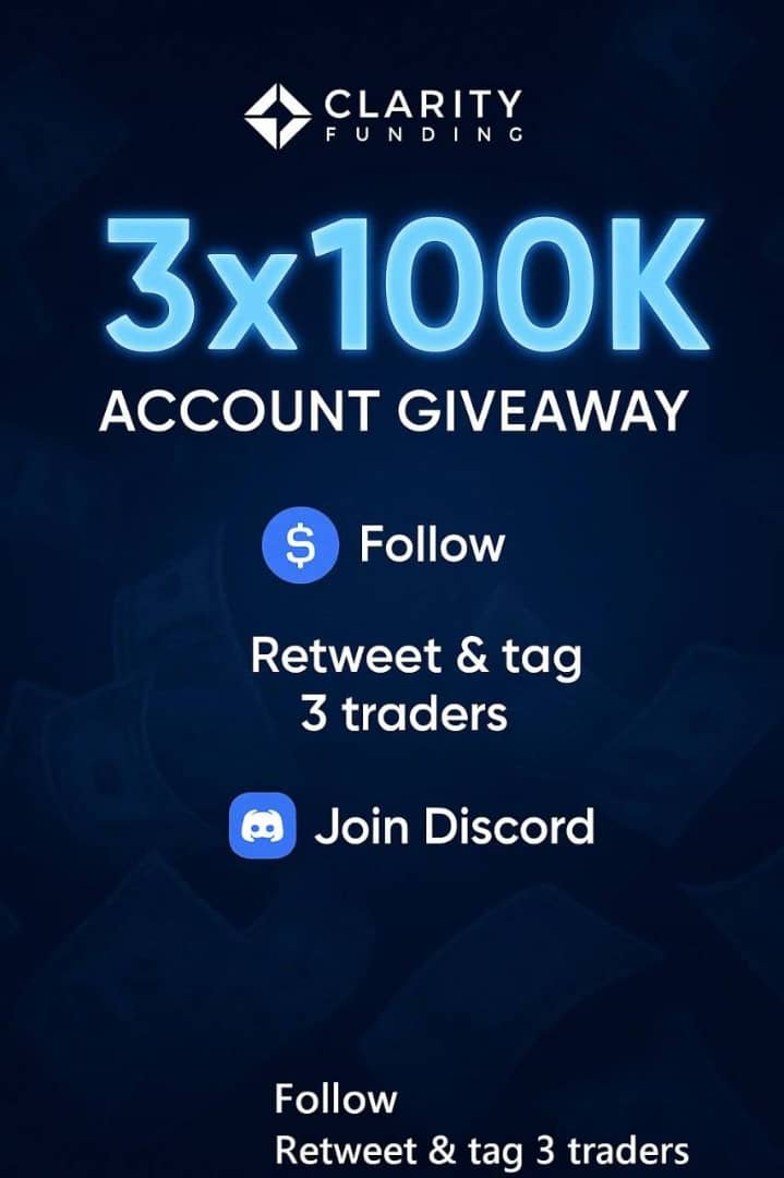 GIVEAWAY ALERT 📢 

3×100K ACCOUNT GIVEAWAY 

Rules :- 

Must follow :
@Clarity_funding
<a href="/mermouforex/">𝑴𝒆𝒓𝒎𝒐𝒖</a>
@maleeyerfx 

Like retweet tag 3 traders .

Must join our discord link
discord.gg/7K9dXWBEM3