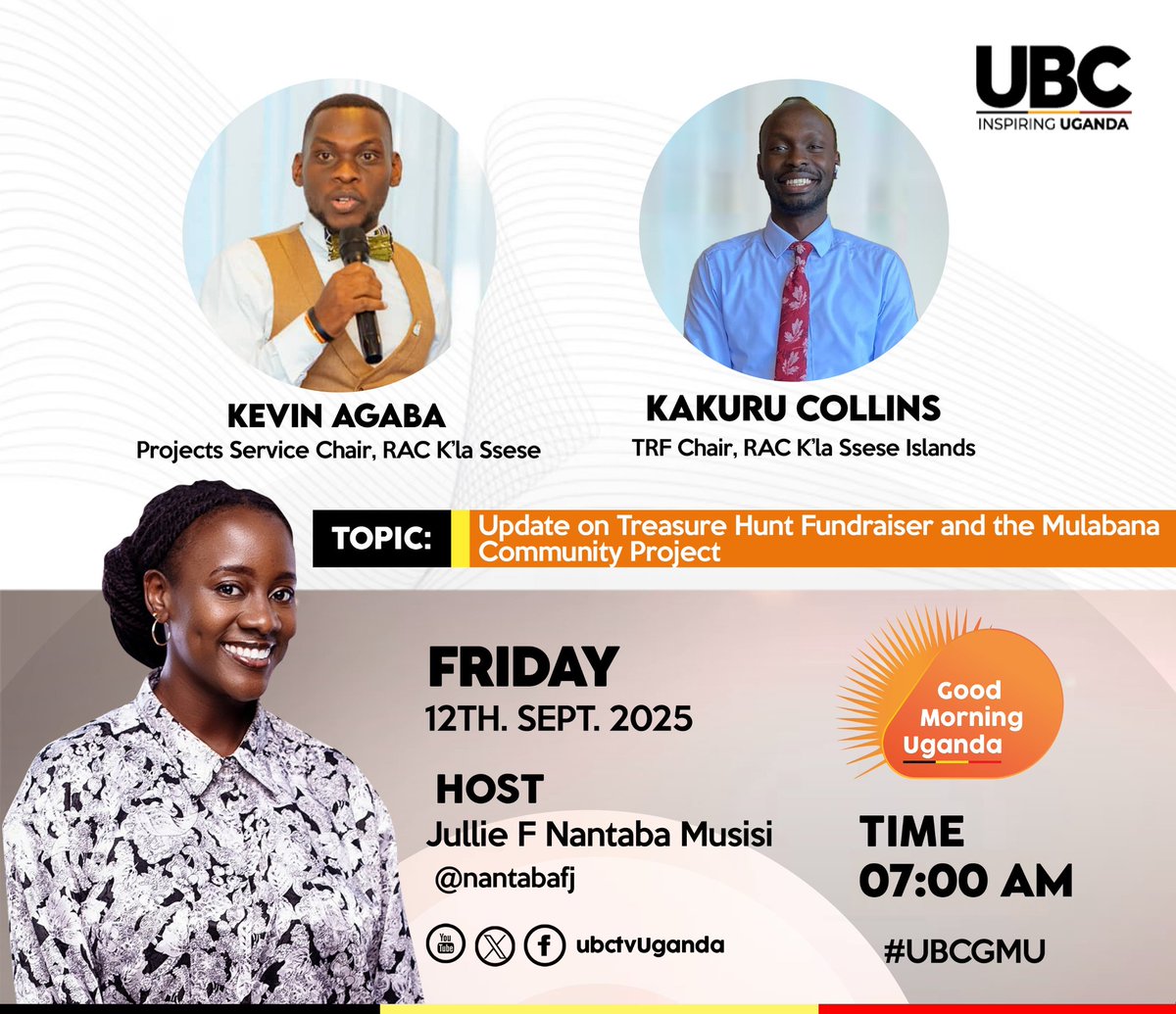 Curious how the Rotaract Club of Kampala Ssese Islands is planning the big events this September &amp; October?

Tune in tomorrow at  7AM  for the full breakdown of the Treasure Hunt Fundraiser &amp; Mulabana Project with <a href="/nantabafj/">JULIE (Jewlz)</a>

#UBCGMU