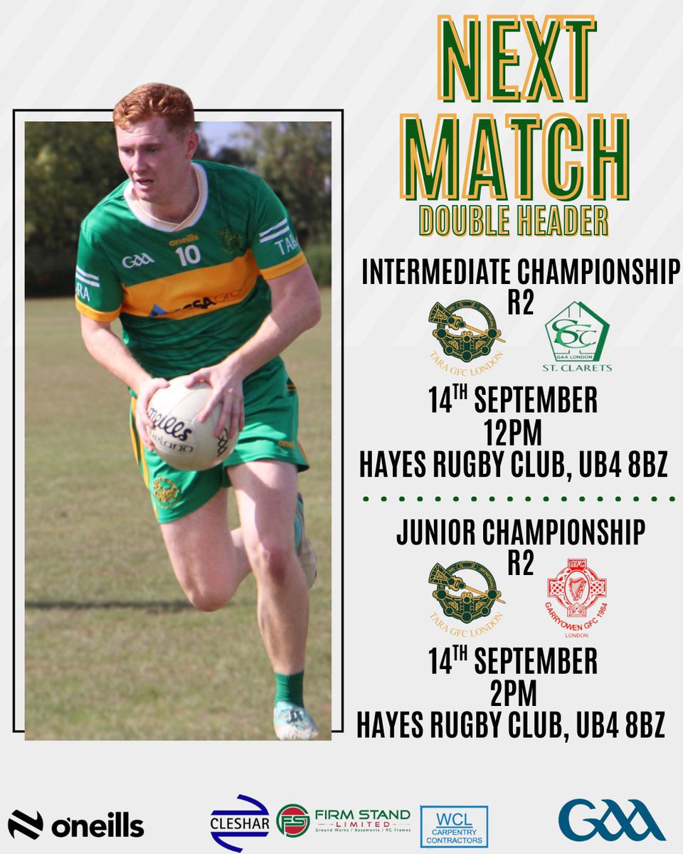 Another double header for us this weekend⬇️

🗓️Sunday 14th September
📍Hayes Rugby Club, UB4 8BZ

Intermediate - R2
🆚St Clarets
⏰12pm

Junior - R2
🆚Garryowen
⏰2pm

All support welcome💚💛

#GAA #TARAGFC #LONDONGAA