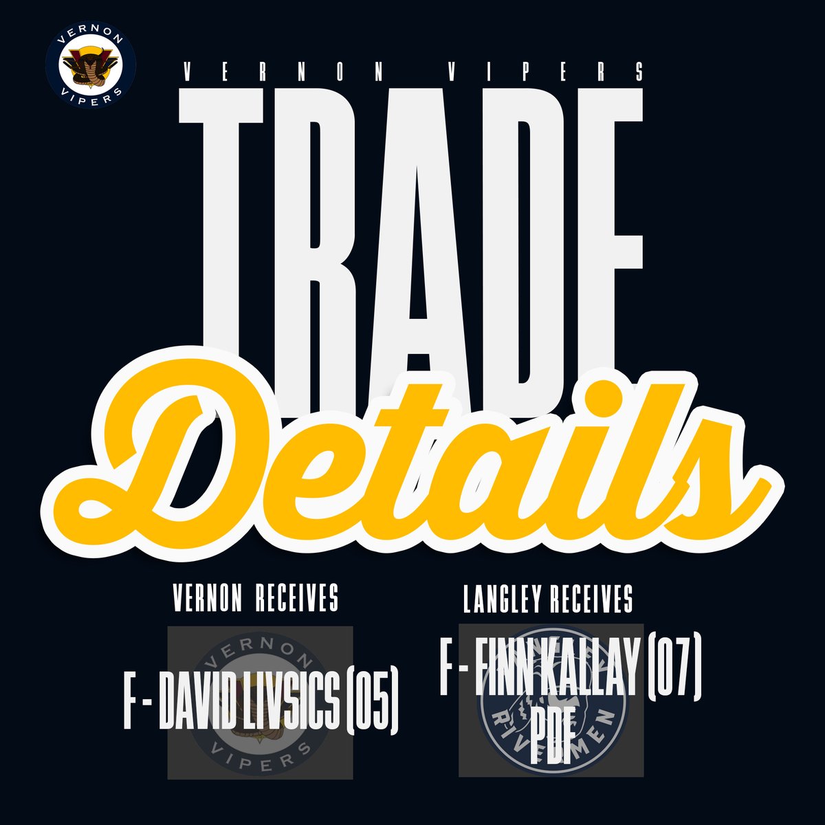 Trade News: The Vipers have acquired forward Davids Livsics from Langley. 

Welcome to Vernon, Davids!

Details: vernonvipers.com/vernon-vipers-…

#TimeToStrike