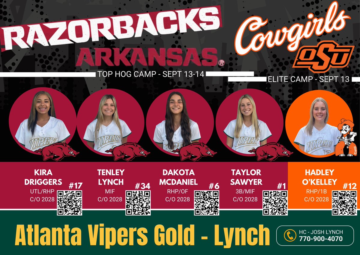 Good luck this weekend to 5 of our girls as they hit the road for camps. We are excited to hear all of the positive feedback on the weekend. Thank you for the invite from all of the coaches involved. 🐍✈️🐍✈️

<a href="/RazorbackSB/">Arkansas Softball</a> <a href="/cowgirlsb/">OSU Cowgirl Softball</a> <a href="/djgasso/">DJ Gasso</a> <a href="/Coach_Shippy/">Vanessa Shippy (Fletcher)</a> <a href="/KiraDriggers_17/">Kira Driggers 2028</a>