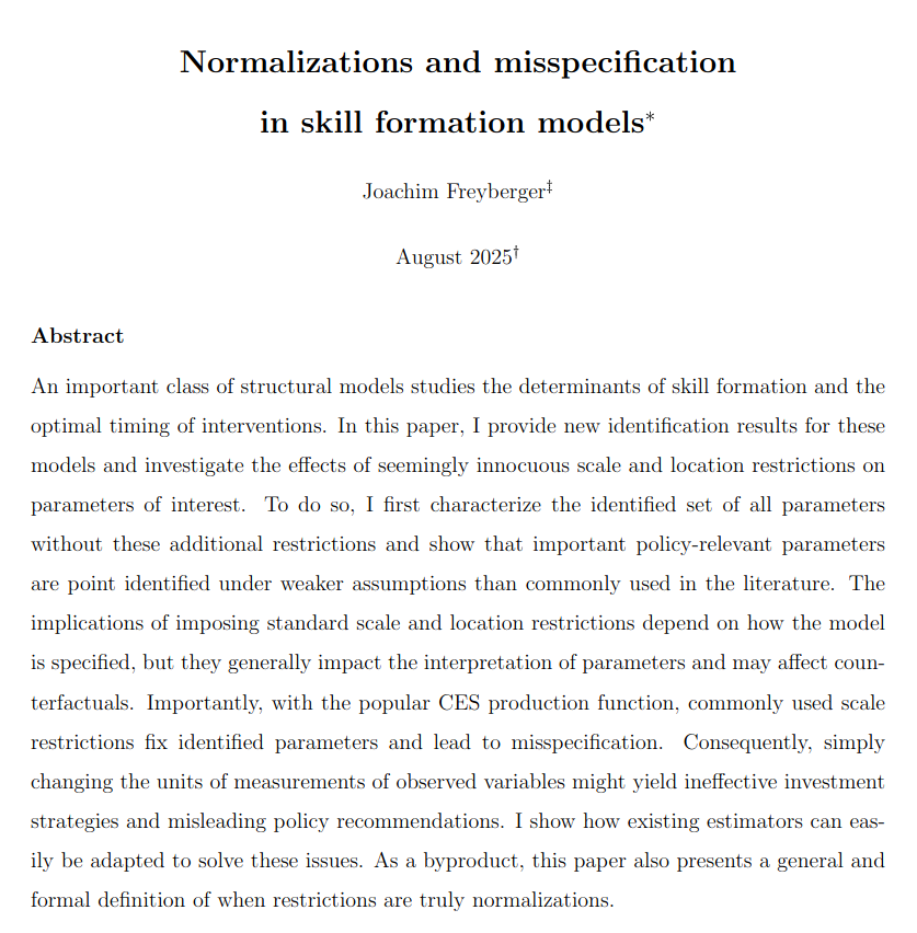 Recently accepted to #REStud, "Normalizations and misspecification in skill formation models," from Joachim Freyberger:

restud.com/normalizations…