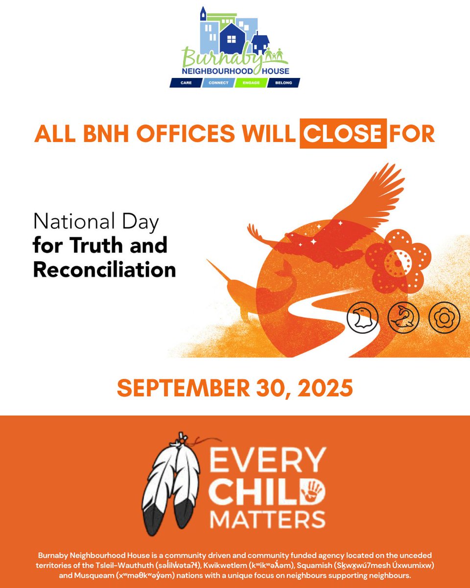 National Day for Truth and Reconciliation is a time for reflection, Canadians come together to honour the struggles and tragedies faced by Indigenous peoples. 

📢Please be advised that BNH offices are closed on Tuesday, September 30!

🧡To learn more: Burnaby.ca/TruthAndReconc…