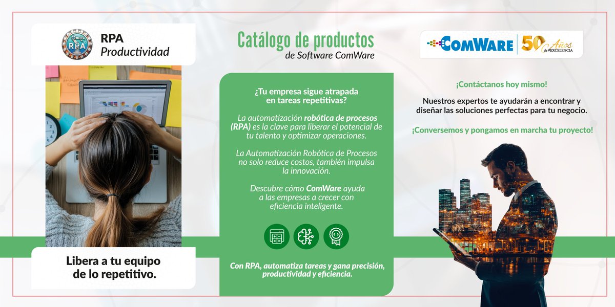 Dale libertad a tu equipo para crear y crecer.​ Con RPA de ComWare, la automatización transforma lo rutinario en tiempo para innovar.​

 ✅ Menos costos, más precisión, mayor productividad.​​

 Precisión + eficiencia = transformación real.​

 #Automatización #Innovación #ComWare