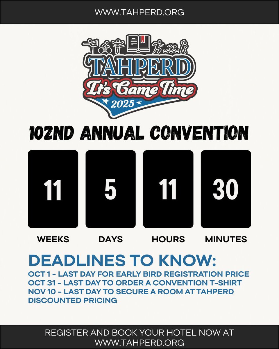 TexAHPERD's tweet image. In just 11 weeks, 5 days, 11 hours, and 30 minutes, the 102nd Annual Convention will launch in Fort Worth, Texas. Are you ready for the best HPERD event in Texas?!? #TexAHPERD #GetReady