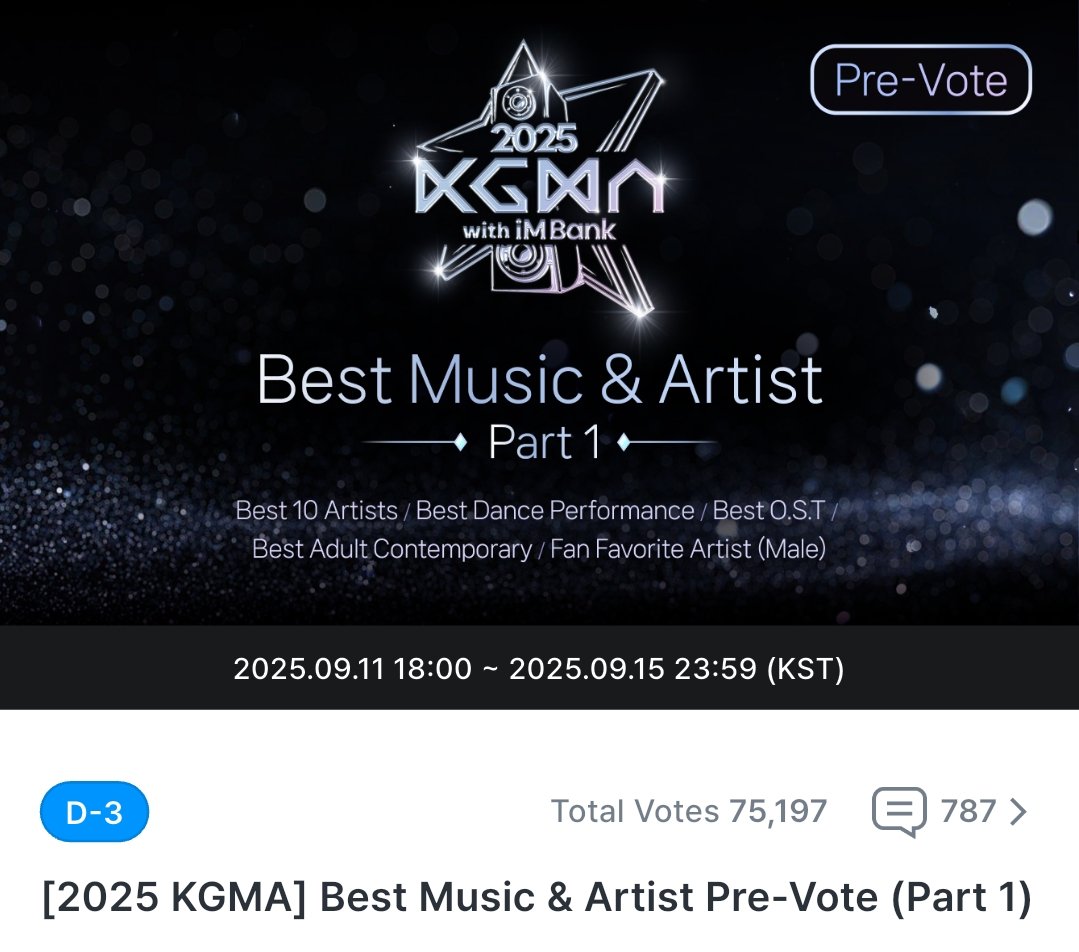 KGMA PREVOTING 2025

🗓️: 09.11~09.15 2025
🗳️Fancast app
🔗 bit.ly/46xSjcP

Jin's Nominations:
Best Dance Performance – Running Wild
Best OST – Close To You
Fan Favorite Artist (Male)
Top 10 Music – Echo
Best Music Video – Don’t Say You Love Me

Collect 💙🤍 by watching