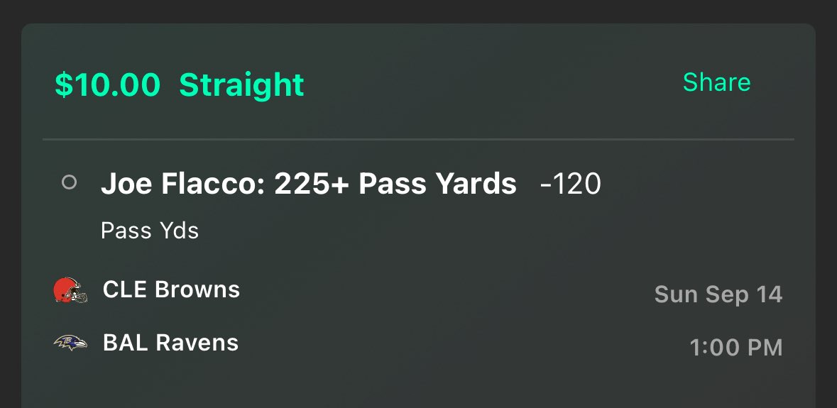CadenBahry's tweet photo. Joe Flacco 225+ Pass Yds (-120, 365)

This line is straight up priced wrong. Flacco looked good last week and the Ravens defense looked bad. 

I know Flacco isn’t exactly Josh Allen, but if Allen threw for just under 400, surely Flacco can throw for 225. Analysis ⬇️

Flacco has yet to throw for less than 250 yds in a Browns uniform. He averages 317.7 pass yds per game. He threw for 290 yds last week. The Browns cannot rely on their rushing attack even with Judkins making his debut. 

This Ravens pass defense started slow last year as well, allowing 7 of the first 8 QBs they played to hit this line. 

Browns will be trailing all game and their defense is good enough to get the ball back to the offense.