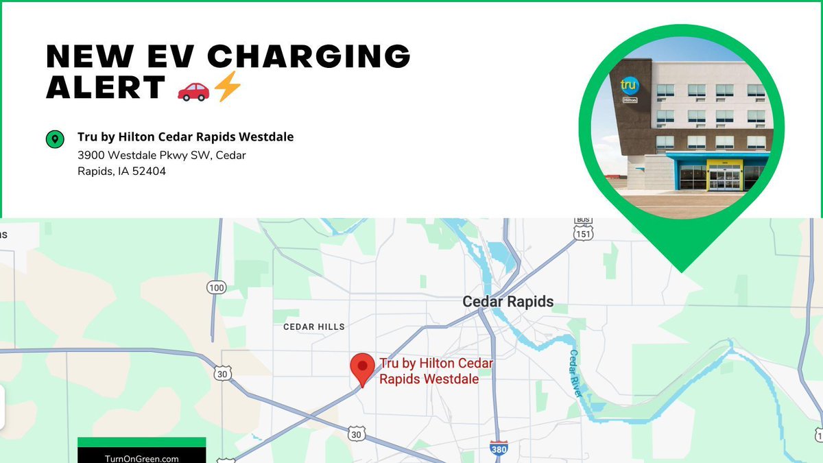 TurnOnGreenEV's tweet image. ⚡ Now live! EV charging at Tru by Hilton Cedar Rapids Westdale. Guests and travelers can now plug in and recharge while staying in Cedar Rapids, IA.

#TurnOnGreen #EVCharging #CedarRapids #TravelGreen