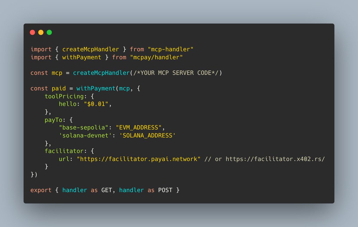 mcpaytech's tweet image. Are you buidling with Vercel `mcp-handler`? 

We have a wrapper for you!

🥁🥁 withPayment 🥁🥁 

(shipping soon to an npm near you)