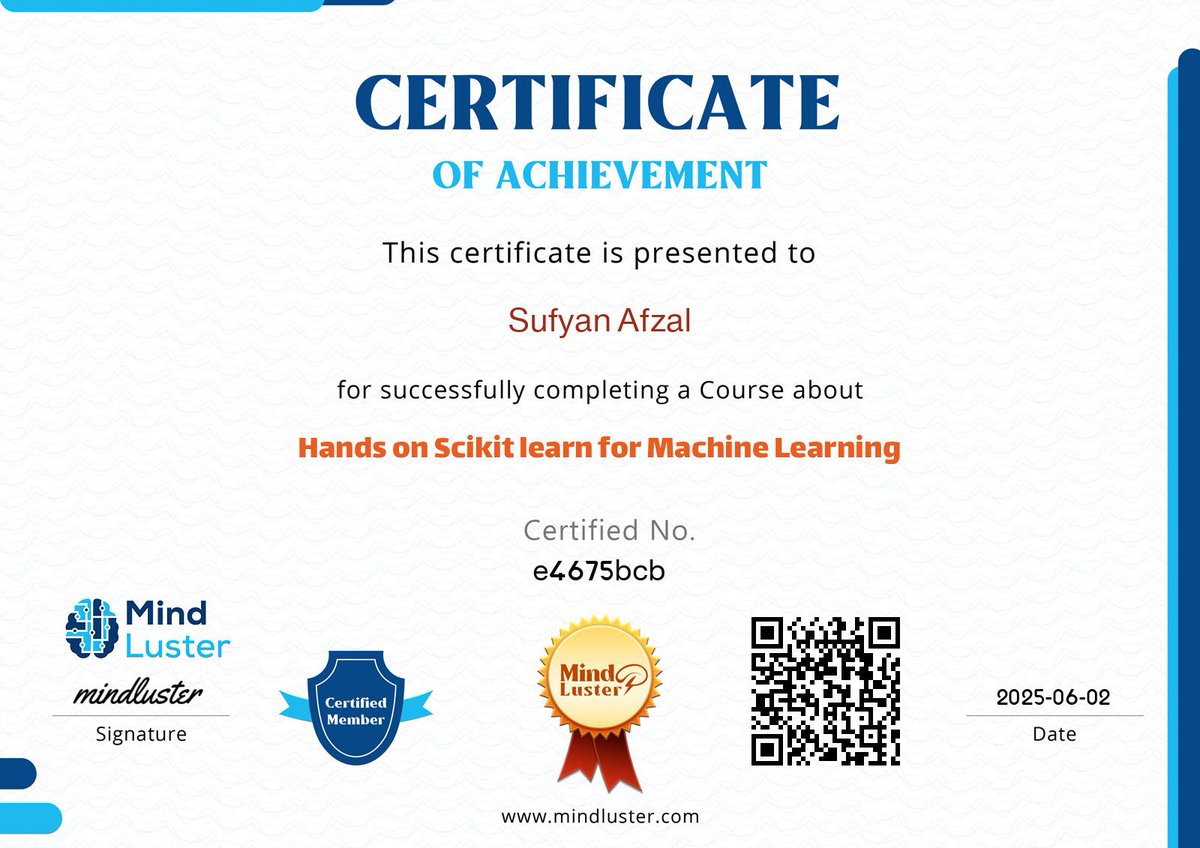 sufyan_afzal7's tweet image. Scikit Learn (Python) course certificate by MindLuster

mindluster.com/student/certif…

#ScikitLearn #Python #PythonForDataScience #MachineLearning #DataScience #ArtificialIntelligence #AI #ML #DataScienceCommunity #TechEducation