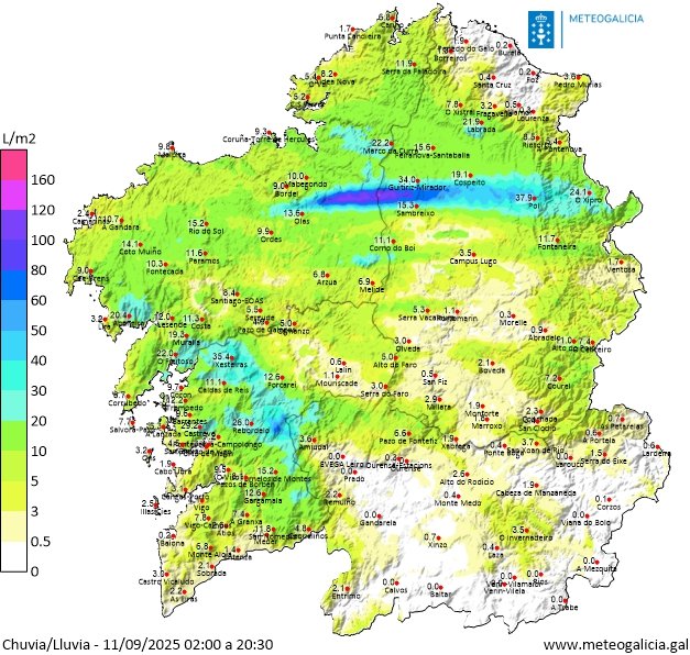 Imaxe moi estraña do radar de precipitación de hoxe con esa liña que cruza a dorsal galega nas provincias da Coruña e Lugo. Hoxe finalizamos a tendenza inestable e teremos influencia anticiclónica desde mañá, alo menos por uns días. Poderemos volver á roupa de veran (de día).