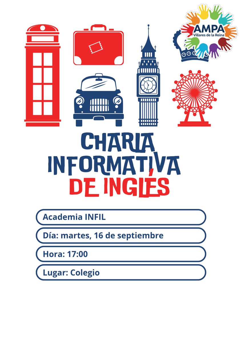 ampavillares's tweet photo. 🇬🇧 CHARLA INFORMATIVA DE INGLES (INFIL).
El próximo Martes 16 a las 17:00 habrá una reunión con el director de la academia INFIL, encargada de impartir las clases de inglés.
Se informará de la metodología, organización y horarios. Y se resolverán las dudas que podáis tener.
😉👍 https://t.co/qkH3O9mYRU