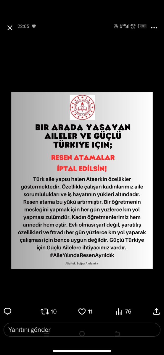 “Aile birliği anayasal haktır. Bu hak görmezden gelinemez! 
<a href="/RTErdogan/">Recep Tayyip Erdoğan</a> 
<a href="/Yusuf__Tekin/">Yusuf Tekin</a> 
<a href="/_aliyalcin_/">Ali YALÇIN</a> 
<a href="/tcmeb/">Millî Eğitim Bakanlığı</a> 

 #ResenleKurbanEdildik