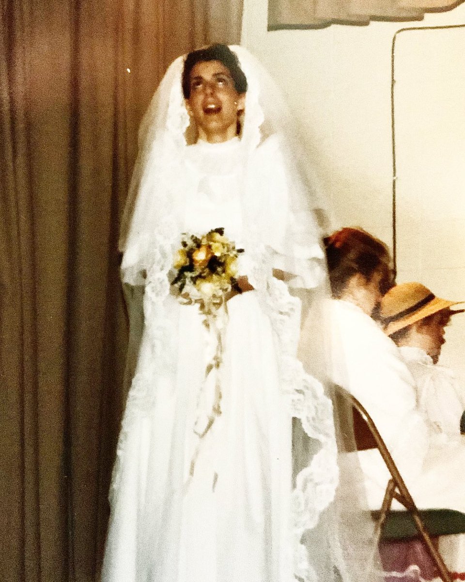 So many bad things are happening in the world. Enjoy a laugh at my expense, These are photos of my high school rendition of Emily in OUR TOWN. I made Emily’s wedding dress. 🎭 #violetlemay #throwback #tbt #highschooltheater #highschool #chewingthescenery #ourtown