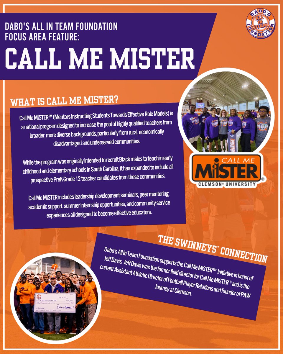 DabosALLINTeam's tweet photo. We champion leaders on the field, in the classroom, and in the community. Like us, Call Me MiSTER is committed to developing young people of character, purpose, and impact.

Together, we’re supporting students and teachers across the Upstate one leader at a time 🧡 https://t.co/gPf4A5QHIE