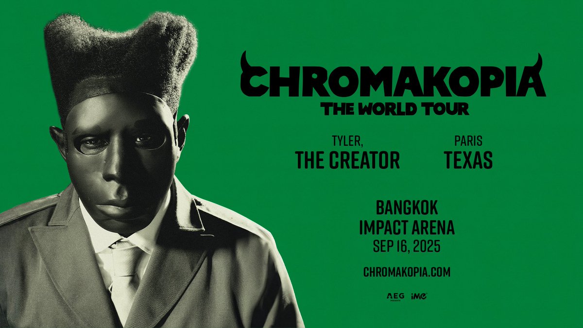 อีกไม่ถึง 1 สัปดาห์!! กรุงเทพฯ กำลังจะลุกเป็นไฟ กับค่ำคืนแห่งเสียงดนตรีสุดเดือด จากศิลปินระดับโลก #TylerTheCreator ที่ยกเวิลด์ทัวร์สุดยิ่งใหญ่ CHROMAKOPIA: THE WORLD TOUR มาเสิร์ฟความมันส์ ในวันที่ 16 ก.ย. ณ อิมแพ็ค อารีน่า เมืองทองธานี

#TylerWORLDTOURinBKK #CHROMAKOPIAinBKK