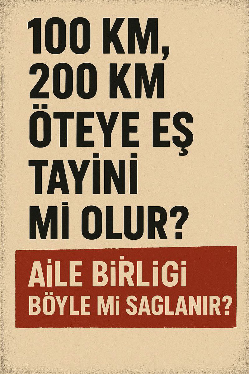 İl emri verildi diye kandırıldık ama 100-200-300 km uzaklara gönderildik. Ailemizle kavuştuk sanmıştık ama tamamen koparıldık hem de Aile Yılı'nda...
#ResenleKurbanEdildik
<a href="/RTErdogan/">Recep Tayyip Erdoğan</a>
<a href="/EmineErdogan/">Emine Erdoğan</a>
<a href="/Akparti/">AK Parti</a>
<a href="/dbdevletbahceli/">Devlet Bahçeli</a>
<a href="/MHP_Bilgi/">MHP</a>
<a href="/tcailesosyal/">T.C. Aile ve Sosyal Hizmetler Bakanlığı</a>
<a href="/MahinurOzdemir/">Mahinur Özdemir Göktaş</a>
<a href="/Yusuf__Tekin/">Yusuf Tekin</a>