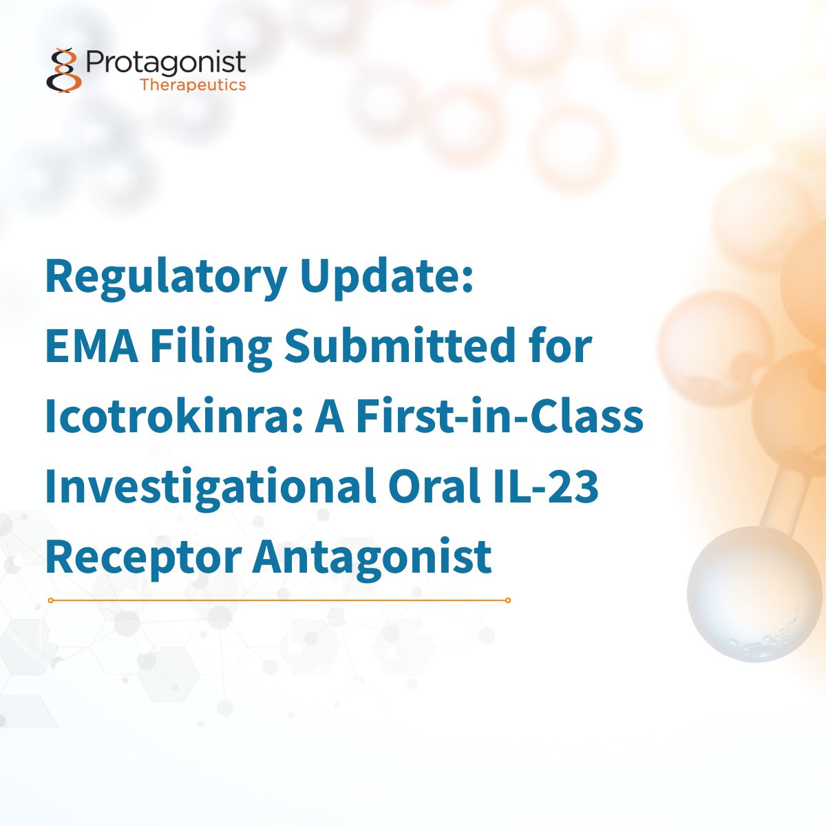 ProtagonistTx's tweet photo. Today, we announced that Johnson & Johnson (@JNJNews) has submitted a Marketing Authorization Application to the European Medicines Agency for icotrokinra, a first‑in‑class investigational oral peptide co-discovered by Protagonist and J&J scientists for adults and adolescents with moderate‑to‑severe plaque #psoriasis.

Read more:
https://t.co/n20N8y09Be