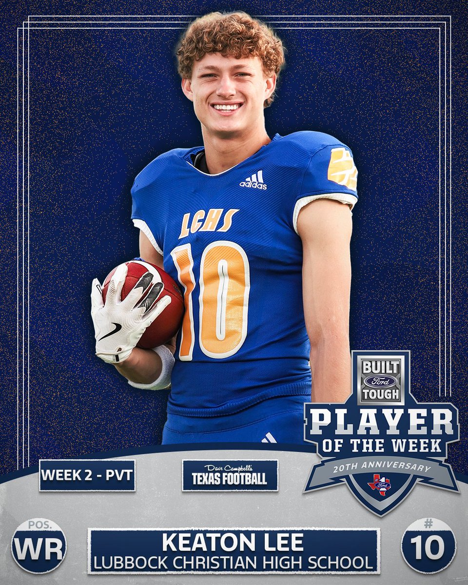 PVT: Keaton Lee | Lubbock Christian Eagles 🦅
9 catches, 237 yds, 5 TDs, 2 2-point conversions + 6 Ts on D.  Keaton is the heart &amp; soul of the team as well as Built Ford Tough Player of the Week 2 in Private Schools🏆
🏷️: @lbkchristian | @messerford | <a href="/dctf/">Dave Campbell's — TexasFootball.com</a>
#GreaterTXFord #TXHSFB