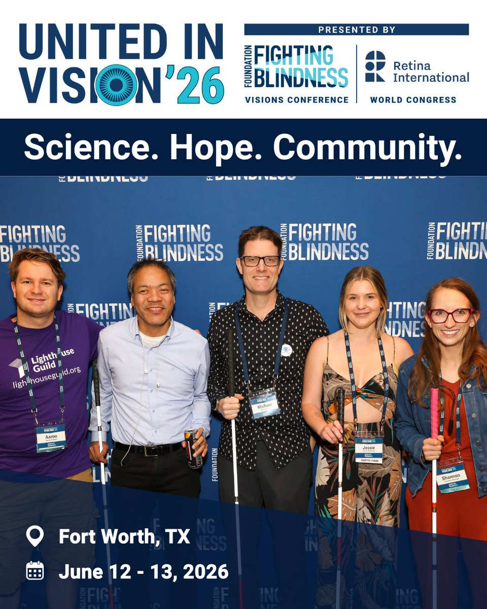 United in Vision 2026 is more than a conference — it’s a global gathering of individuals, researchers, and advocates all working toward one mission: driving treatments and cures for blinding diseases. 🌍

Join us June 12–13, 2026, in Fort Worth, TX for an unforgettable two-day