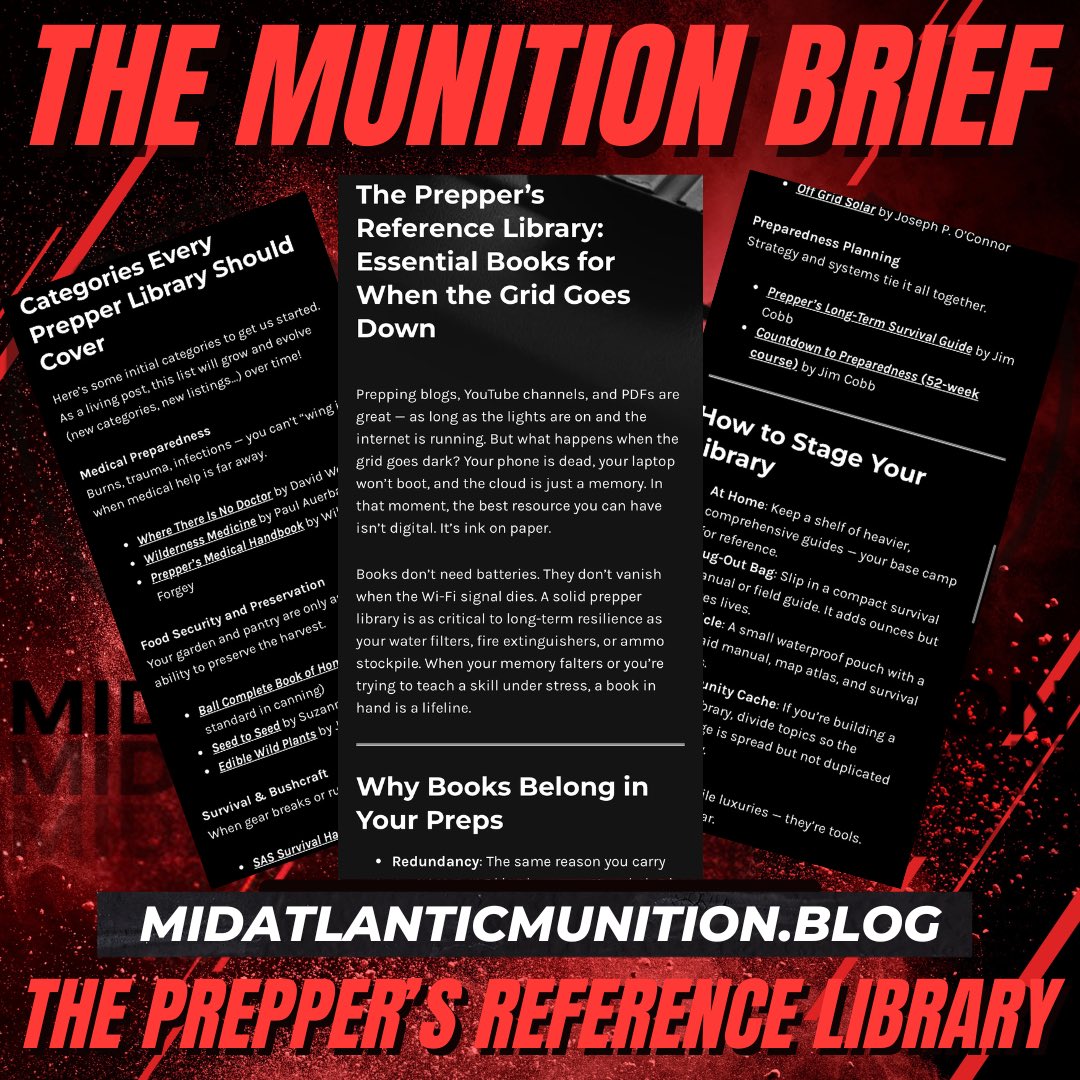 MidAtlMunition's tweet image. When the grid dies, so does Google. Books don’t need batteries. 📚 Build your prepper library now: midatlanticmunition.blog/prepper-refere…