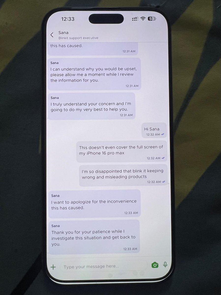 sandeep5491's tweet photo. @letsblinkit very disappointed with the fake/ incorrect order. Ordered ohonesty screen guard for iPhone 16 pro max. Advertised image has all edges crystal clear, but product inside has black edges. Moreover, it doesn’t fit the phone. And customer service is useless. Disappointed. https://t.co/EiLZeYduhk