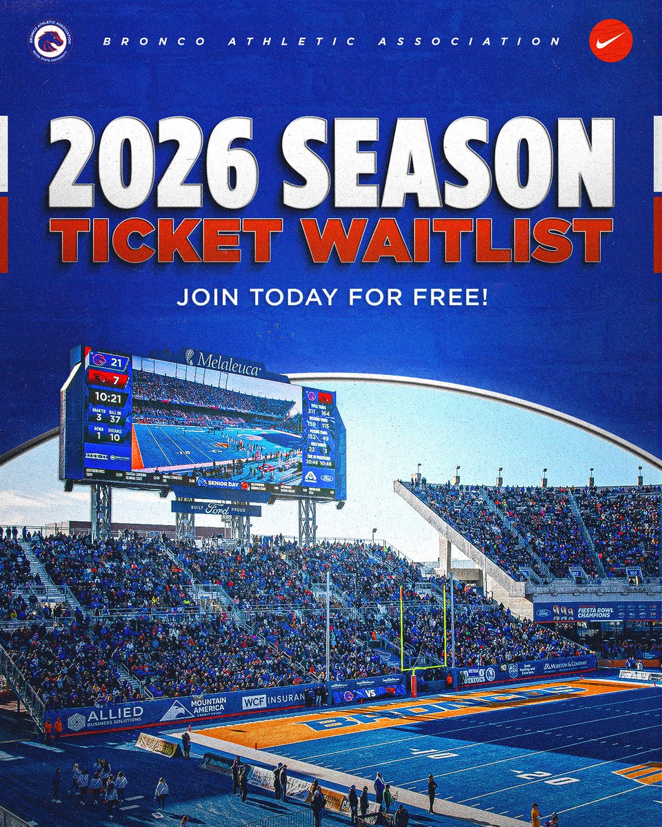 BoiseStateBAA's tweet photo. Thank you, Bronco Nation, for packing Albertsons Stadium every season.💙 We’re excited to announce the 2026 Football Season Ticket Waitlist is now open! 🏈 

Click the link in bio to join free of cost! 

#BleedBlue | #WhatsNext https://t.co/fMUp3hz7uU