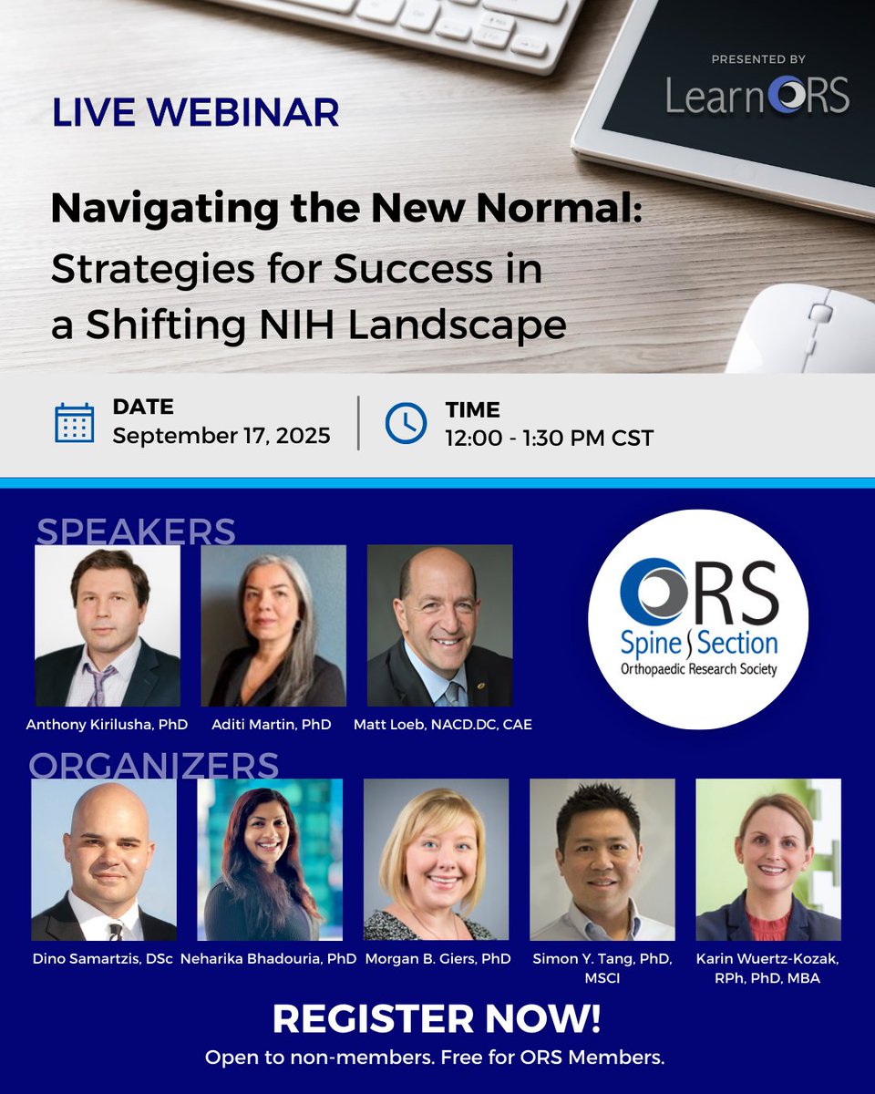 NEXT WEEK on Sept 17, join us for an <a href="/OrsSpineSection/">ORS Spine Section</a> webinar on strategies to tackle NIH/NSF shifts, resilient grant writing, &amp; the global impact of U.S. funding changes. Open to all career stages! Register now: bit.ly/3VqaNpg pic.x.com/maLicE4tDR