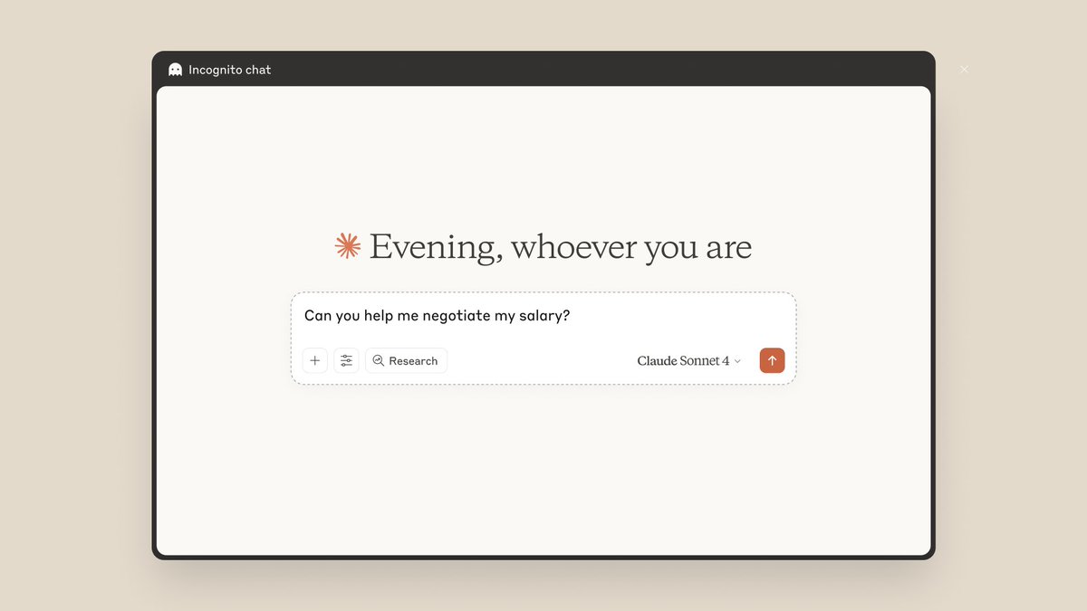 An incognito chat window in Claude displays "Evening, whoever you are" with a greeting icon, demonstrating incognito mode where Memory is disabled.