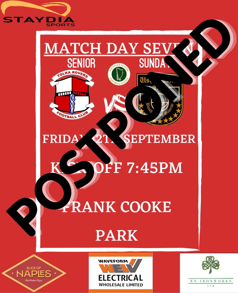 📢 MATCH POSTPONED 📢

Friday night’s Senior Sunday game between Tolka Rovers and Usher Celtic has been postponed.

⚽️ A new date and time will be rescheduled — updates will follow once confirmed.

We’d like to thank all supporters and sponsors for their continued backing ❤️